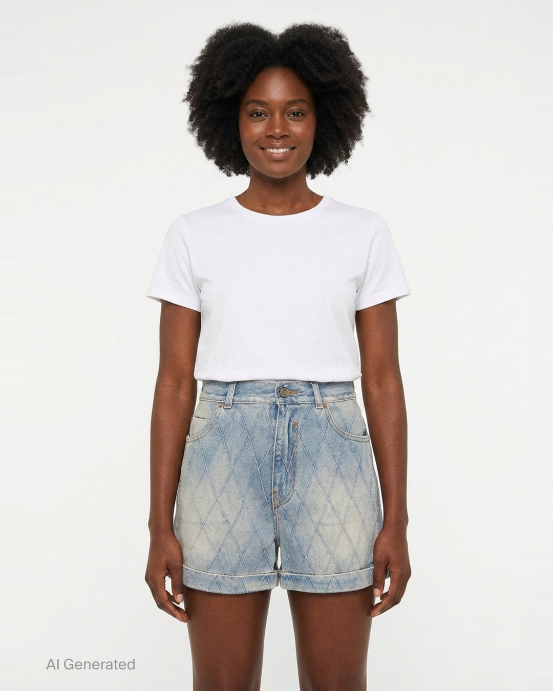 Balmain light blue acid-wash denim shorts with allover diamond quilted stitching, rolled cuffs, five-pocket design, and gold-tone logo button closure - front