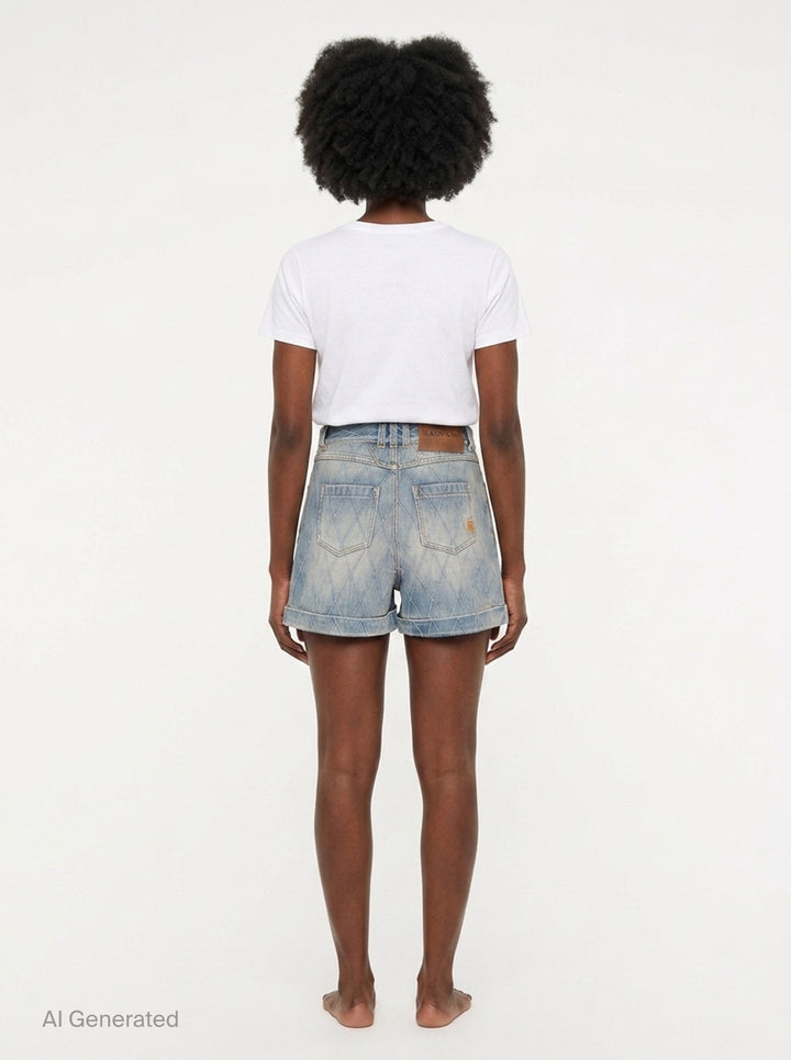 Balmain light blue acid-wash denim shorts with allover diamond quilted stitching, rolled cuffs, five-pocket design, and gold-tone logo button closure - back