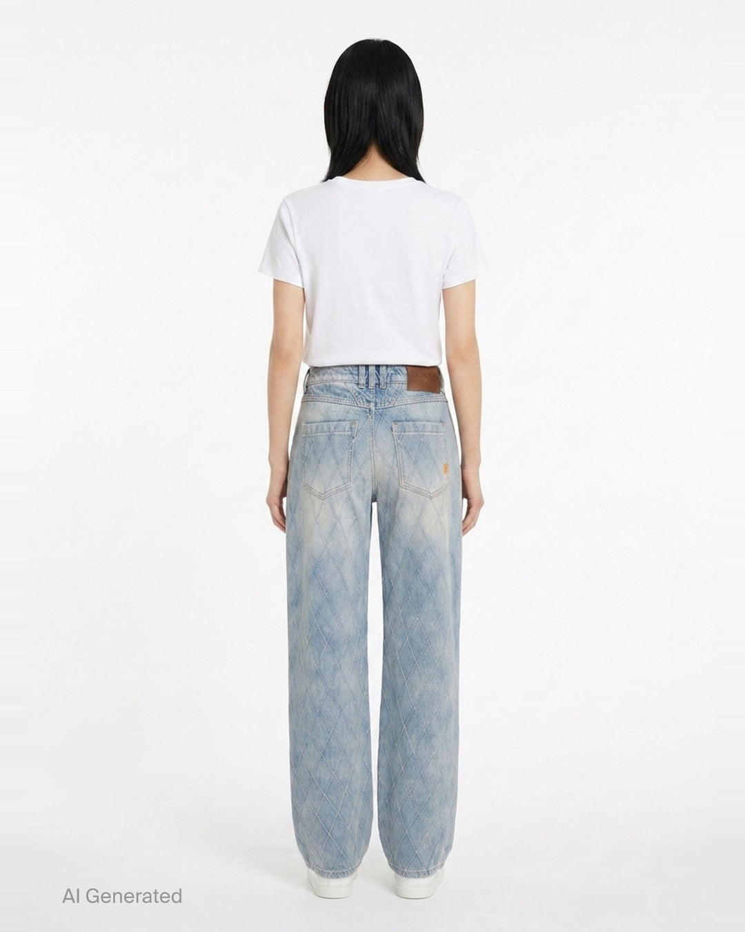Balmain Straight Quilted Denim Jeans in light blue acid wash with all-over diamond stitching, straight-leg silhouette, and gold-tone hardware - back