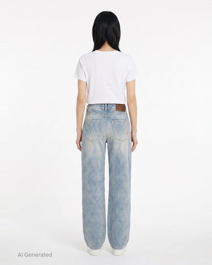 Balmain Straight Quilted Denim Jeans in light blue acid wash with all-over diamond stitching, straight-leg silhouette, and gold-tone hardware - back
