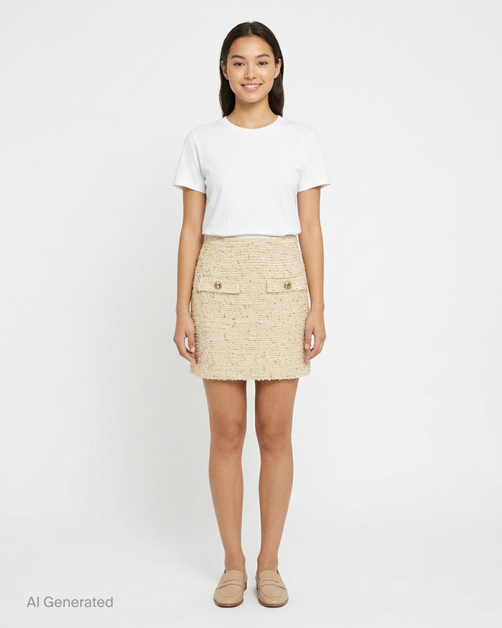 Balmain cream tweed knit mini skirt with gold metallic flecks and two flap pockets with embossed gold-tone buttons - front