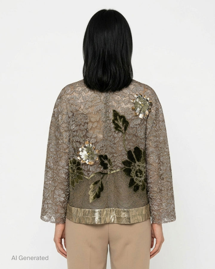 Biyan beaded lace and lamé long sleeve top with sequined floral appliqués, velvet leaf embroidery, and a metallic pleated hem band - back