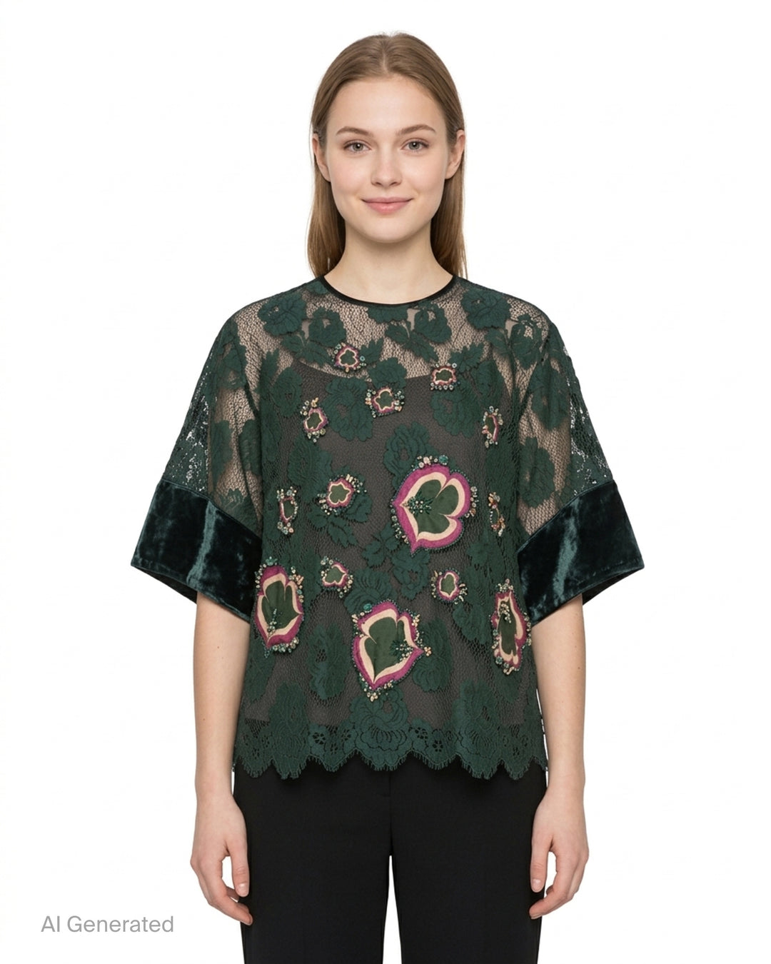 Biyan beaded lace and velvet blouse in deep green, featuring floral lace overlay, jewelled velvet appliqués with crystal embroidery, velvet sleeve panels, crew neck with rear zip, and a scalloped lace hem - front