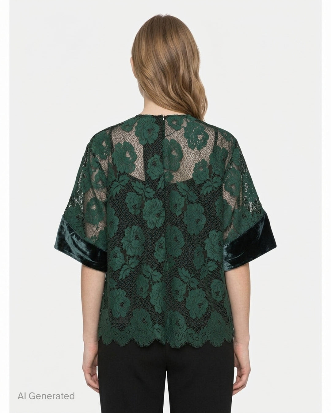 Biyan beaded lace and velvet blouse in deep green, featuring floral lace overlay, jewelled velvet appliqués with crystal embroidery, velvet sleeve panels, crew neck with rear zip, and a scalloped lace hem - back