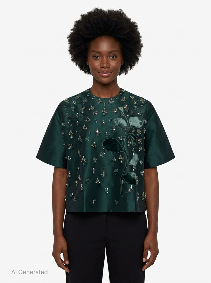 Beaded Taffeta Short Sleeve Top | Biyan | Club21 - front