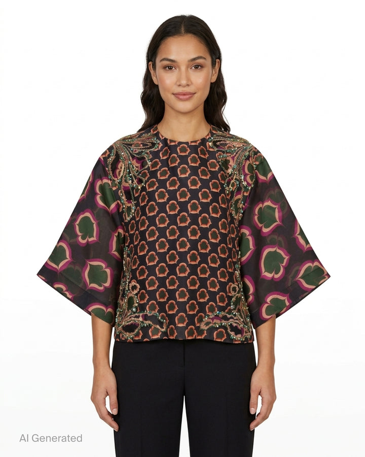 Biyan embellished mix-print organza silk top with contrasting floral medallion body print and oversized bloom kimono sleeves, featuring beaded scrollwork along the shoulder and hem - front