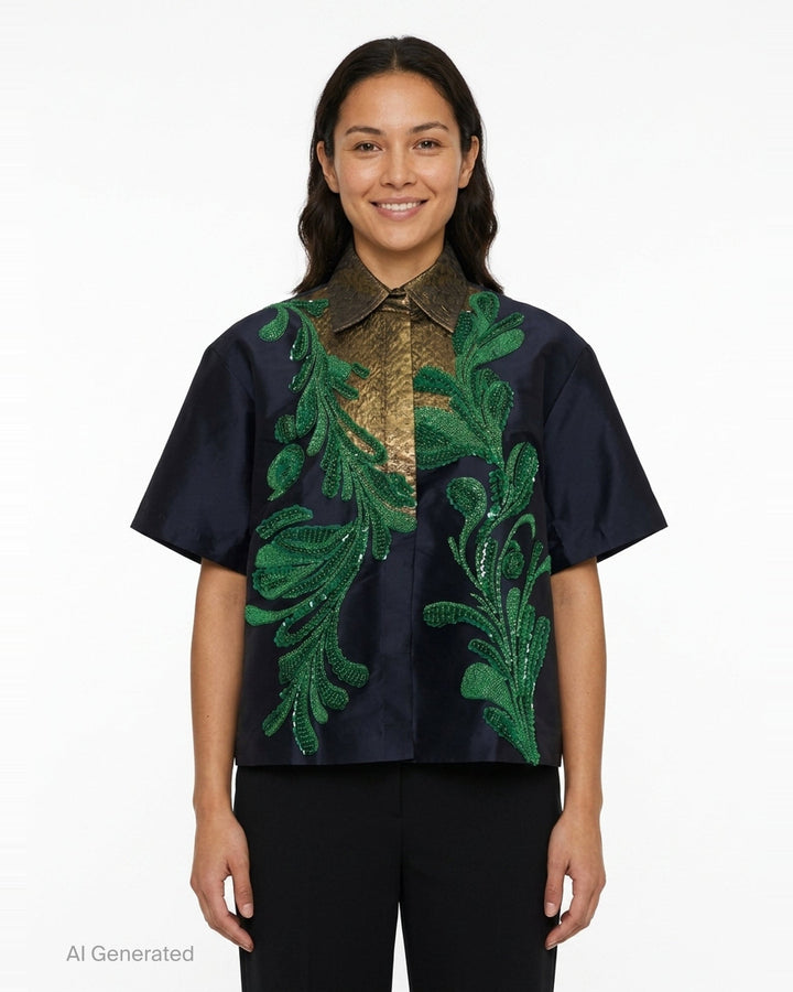 Embellished Taffeta Short Sleeve Blouse | Biyan | Club21 - front