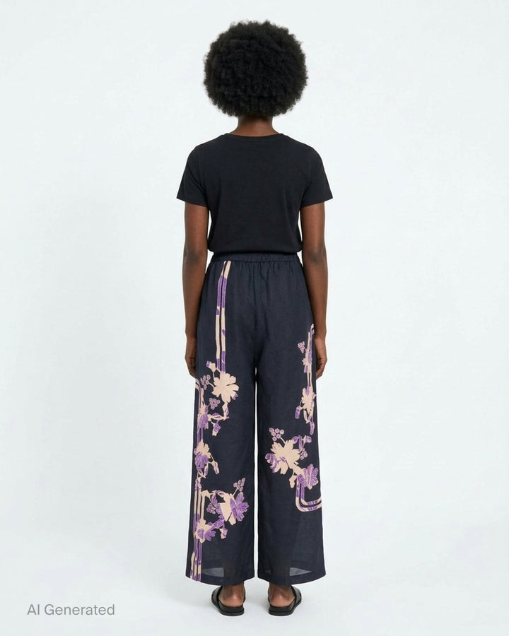 Biyan floral organza silk wide-leg pants in navy with blush and purple botanical print and elasticated waistband - back