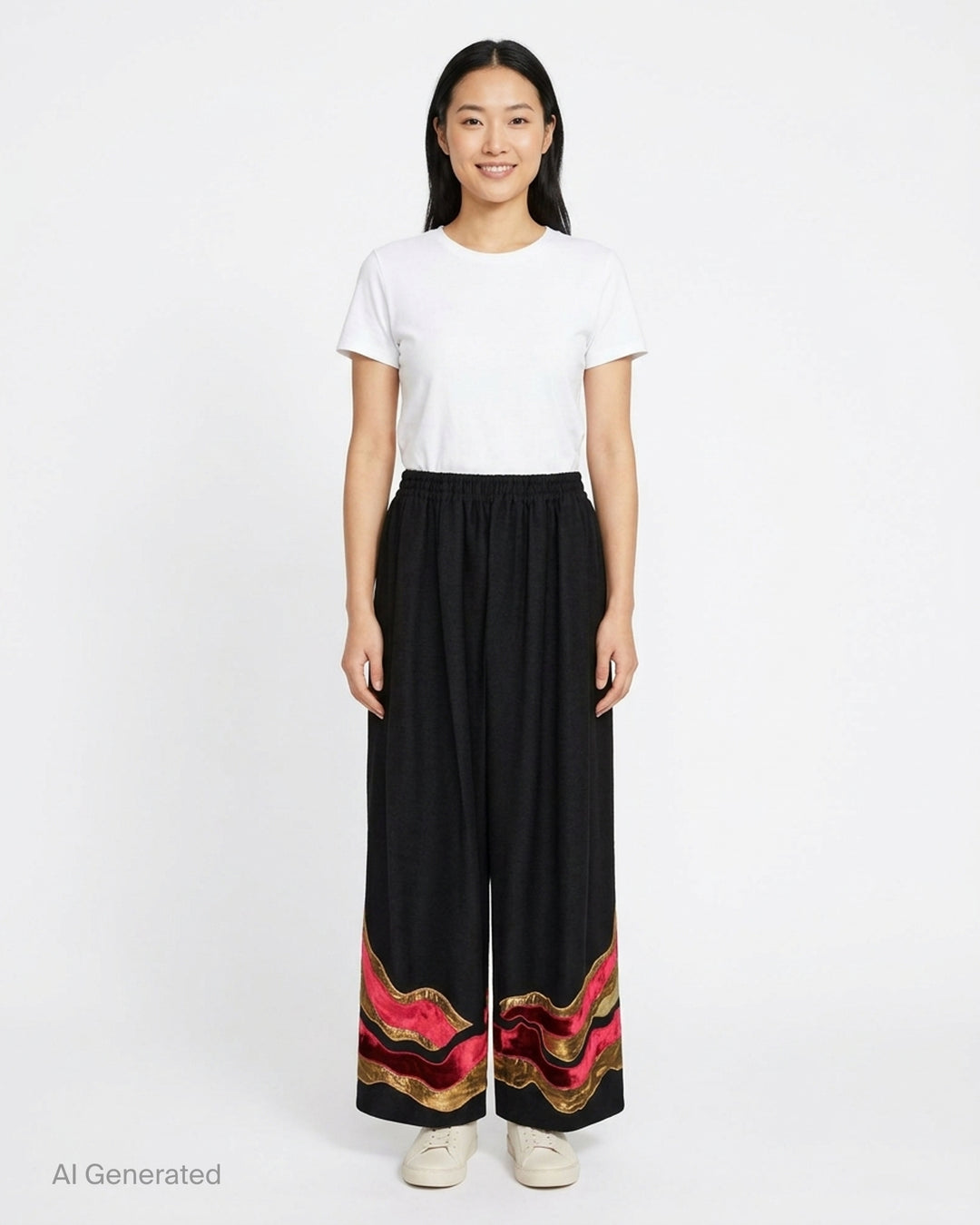 Biyan black gabardine wide leg pants with layered wavy velvet and gold metallic appliqué trim at the hem, elastic waistband, front view on white background - front