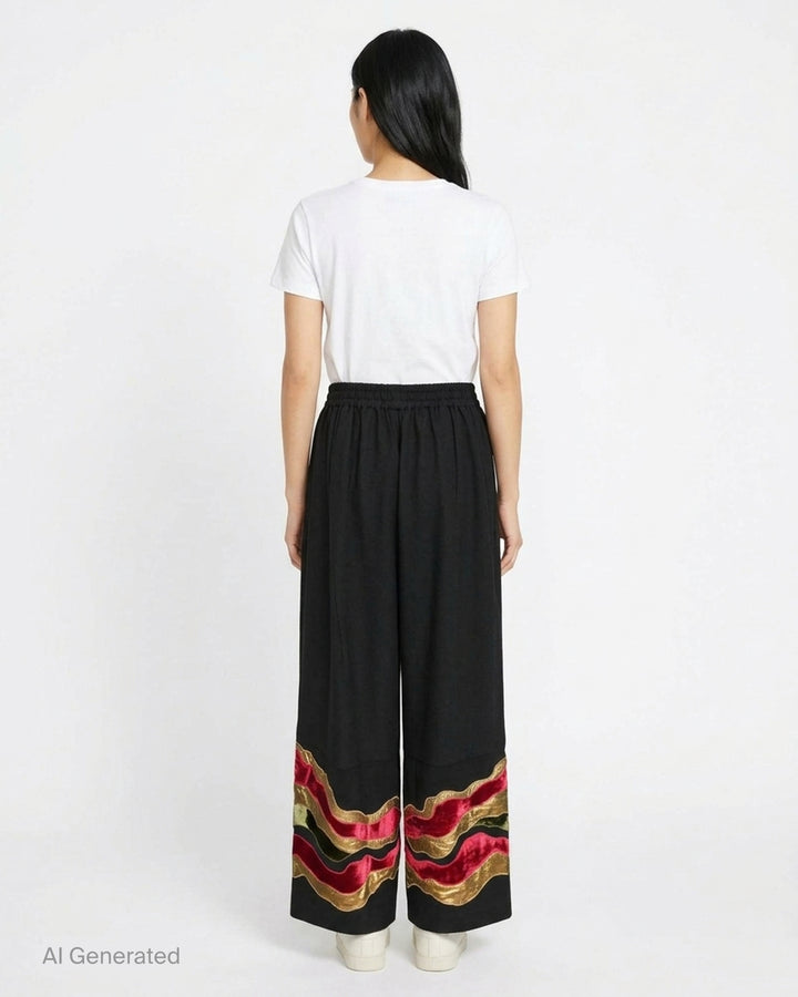 Biyan black gabardine wide leg pants with layered wavy velvet and gold metallic appliqué trim at the hem, elastic waistband, front view on white background - back