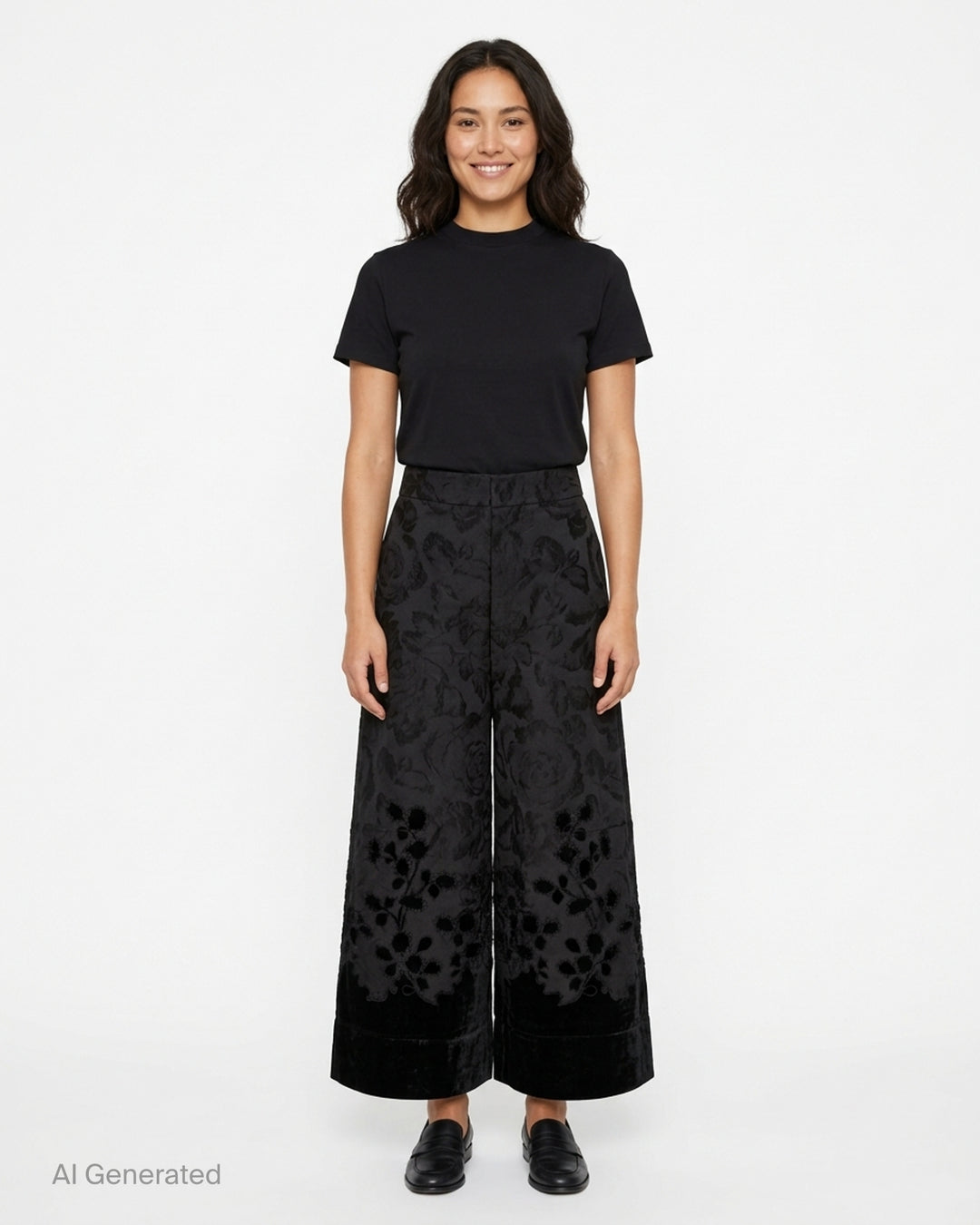 Biyan black lamé jacquard wide leg trousers with all-over rose brocade pattern, broderie anglaise cutwork floral hem border with beaded scallop edging, and velvet cuff finish, photographed flat on a white background - front