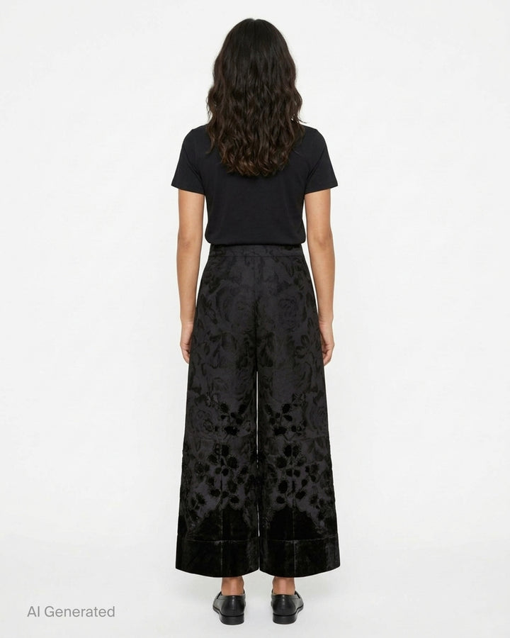 Biyan black lamé jacquard wide leg trousers with all-over rose brocade pattern, broderie anglaise cutwork floral hem border with beaded scallop edging, and velvet cuff finish, photographed flat on a white background - back