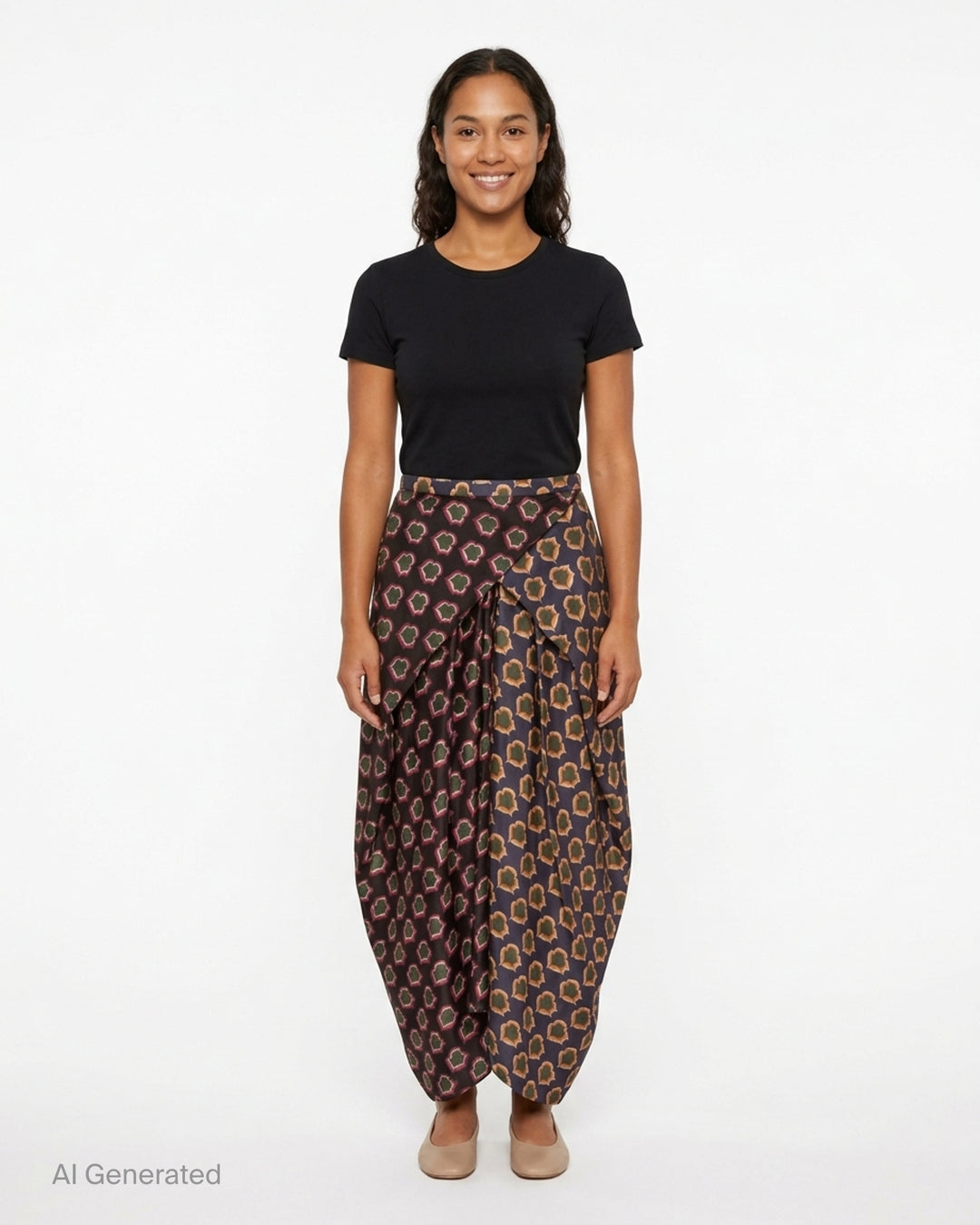 Biyan mix print pleated silk midi skirt with contrasting black magenta and navy amber floral block-print panels and sculptural draped silhouette - front