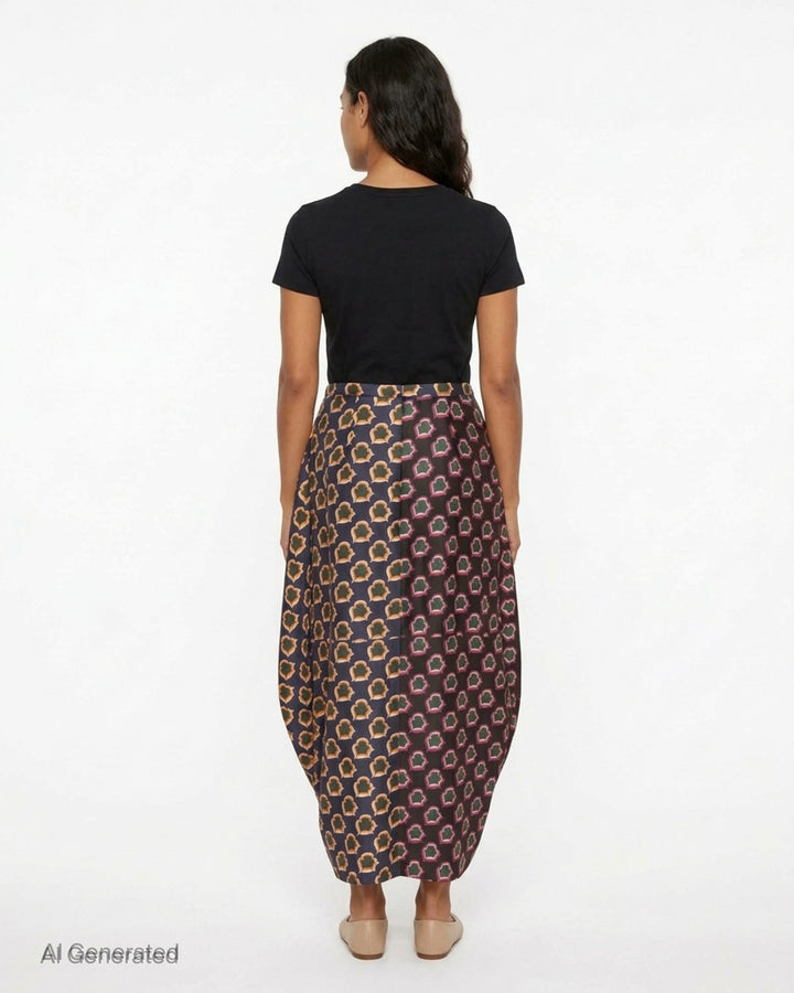 Biyan mix print pleated silk midi skirt with contrasting black magenta and navy amber floral block-print panels and sculptural draped silhouette - back