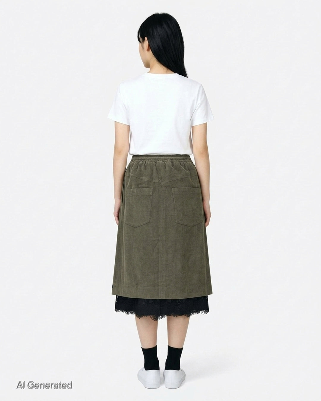 Olive green corduroy midi skirt with an elasticated waist and a black lace underskirt layer peeking out at the hem - back