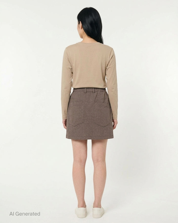 Bonbom heather brown sweat mini skirt with elasticated waist, oversized pocket and embroidered logo - back