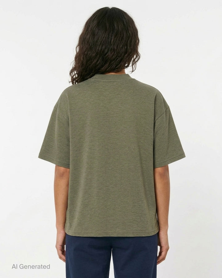 Bonbom olive green heathered oversized t-shirt with a raw-edge trapezoid logo patch at the chest, shown from the front - back
