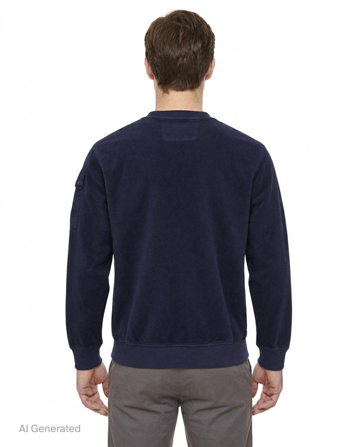 Navy brushed crew neck sweatshirt by C.P. Company with a sleeve utility pocket and signature lens detail - back