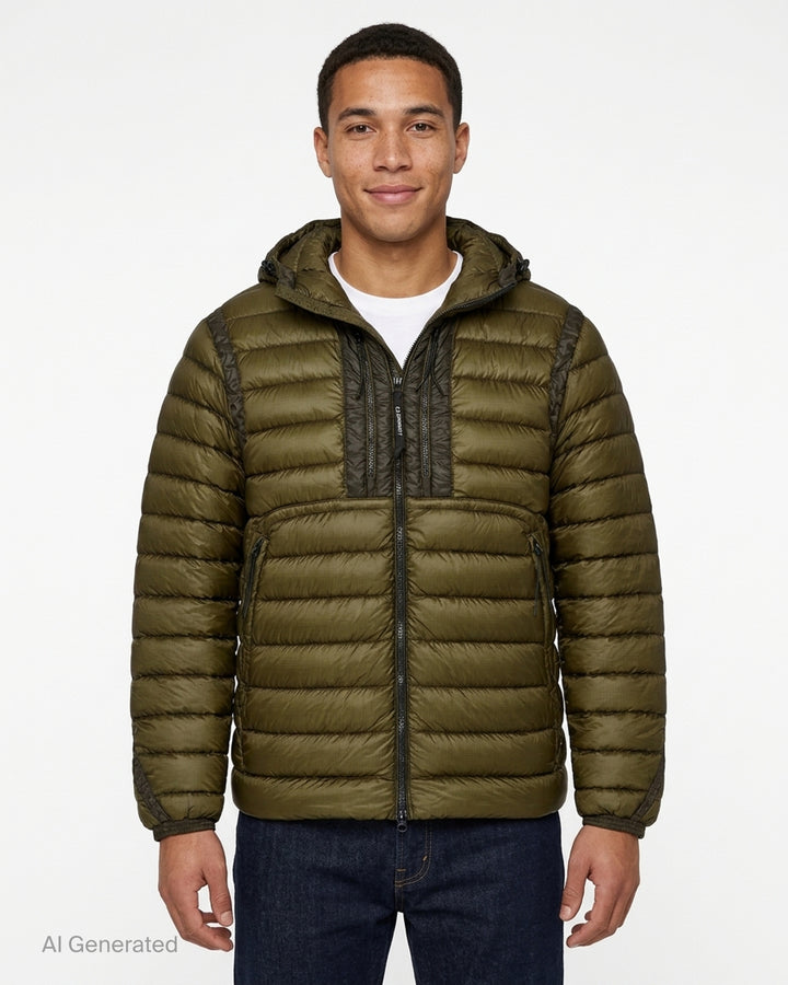 Olive green hooded quilted down jacket with tonal chest panels, zip pockets and ripstop shell - front