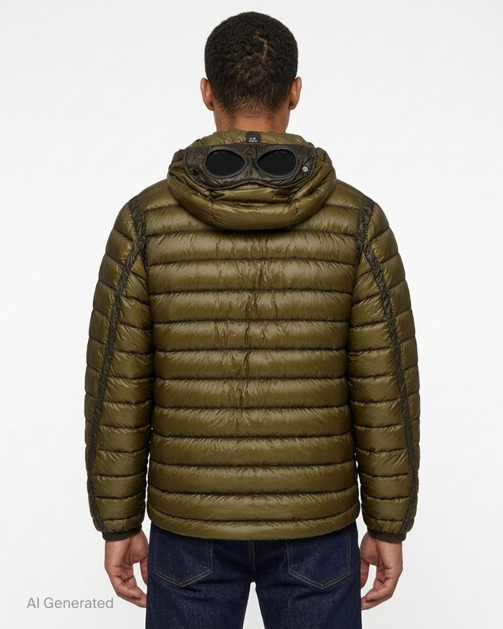 Olive green hooded quilted down jacket with tonal chest panels, zip pockets and ripstop shell - back