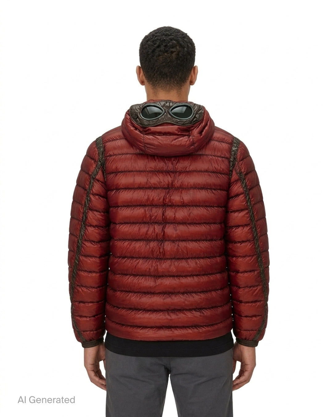 Olive green hooded quilted down jacket with tonal chest panels, zip pockets and ripstop shell - back