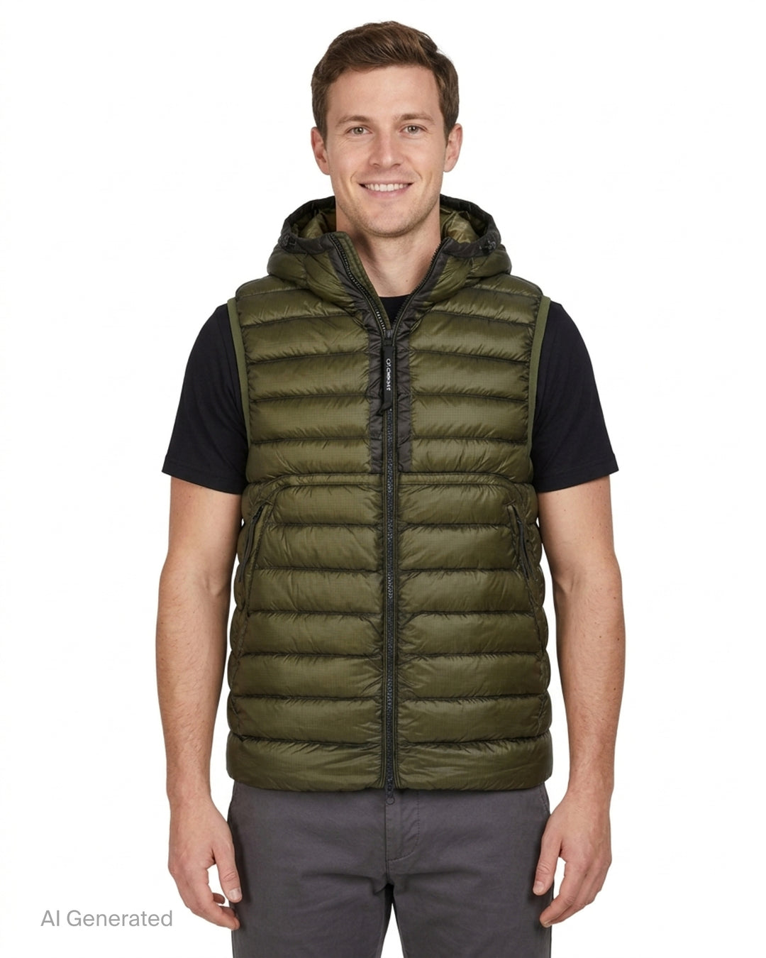 C.P. Company D.D. Shell Goggle Down Gilet in black with quilted channels, hood and zip front - front