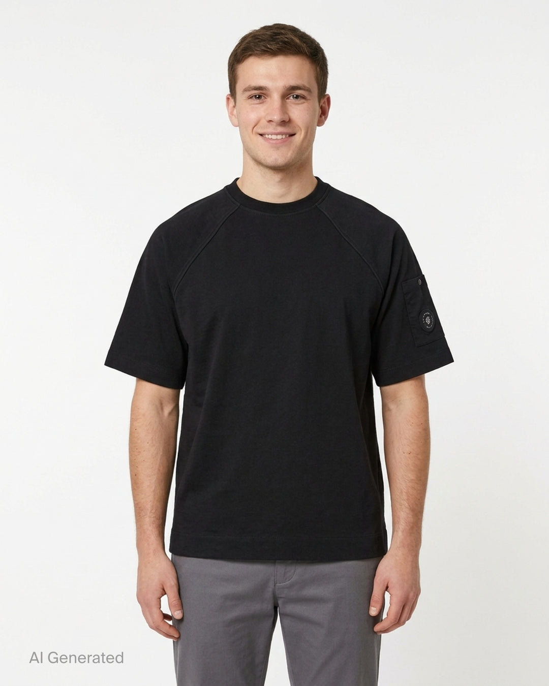 C.P. Company black mercerized cotton jersey raglan t-shirt with snap-fastened sleeve pocket and lens badge, front view - front