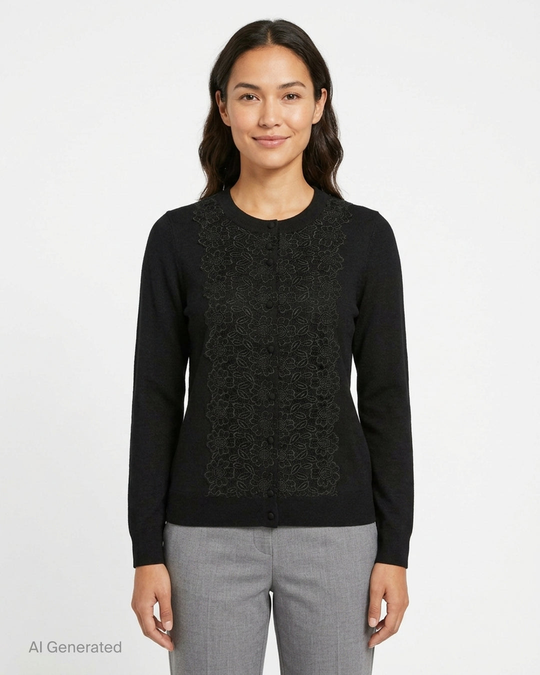 Carolina Herrera black knit cardigan with tonal floral lace centre front panel and covered button fastening, displayed on a flat lay against a white background - front