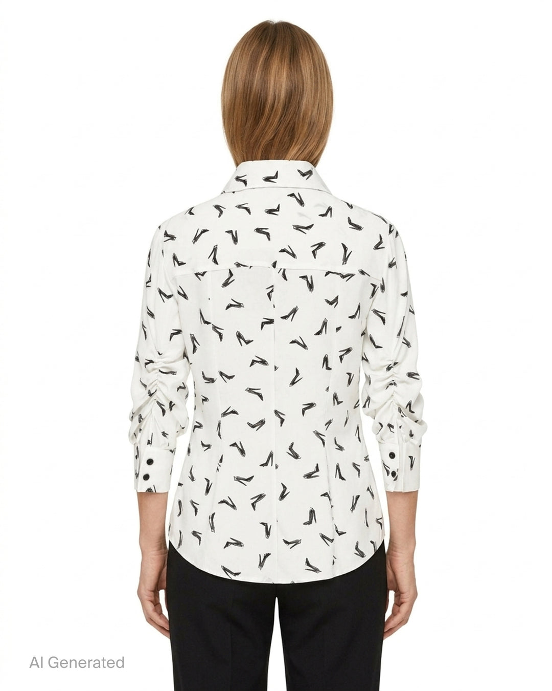 Carolina Herrera Good Girl Shoe long-sleeve button-up blouse in ivory with an all-over black stiletto sketch print, black buttons, and a structured point collar - back