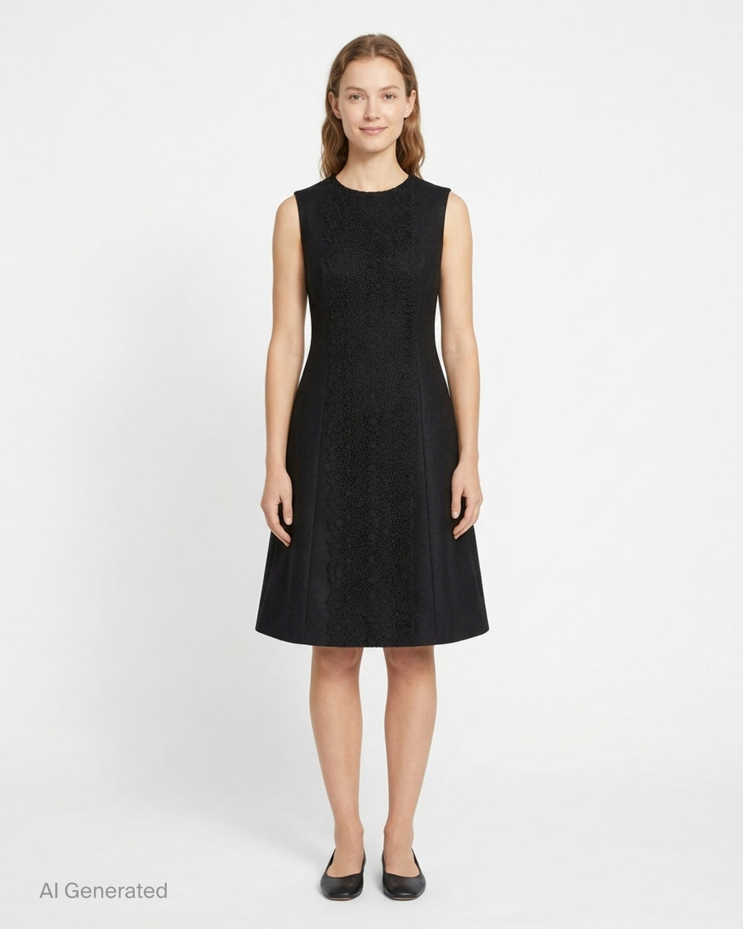 Carolina Herrera black sleeveless A-line knee-length dress with floral guipure lace centre panel and structured woven side panels, featuring a round neckline and concealed back zip - front
