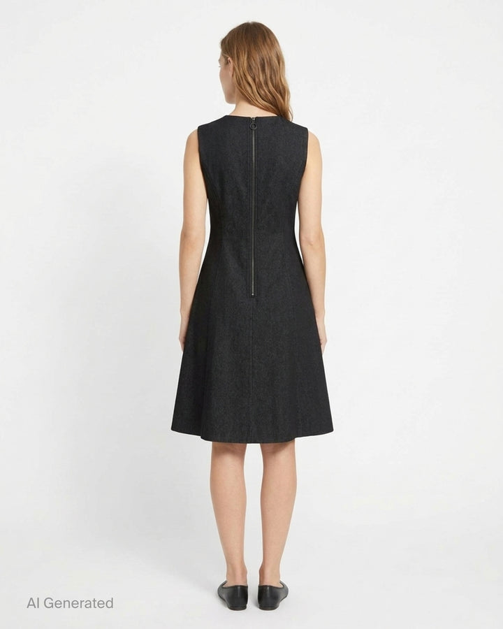 Carolina Herrera black sleeveless A-line knee-length dress with floral guipure lace centre panel and structured woven side panels, featuring a round neckline and concealed back zip - back