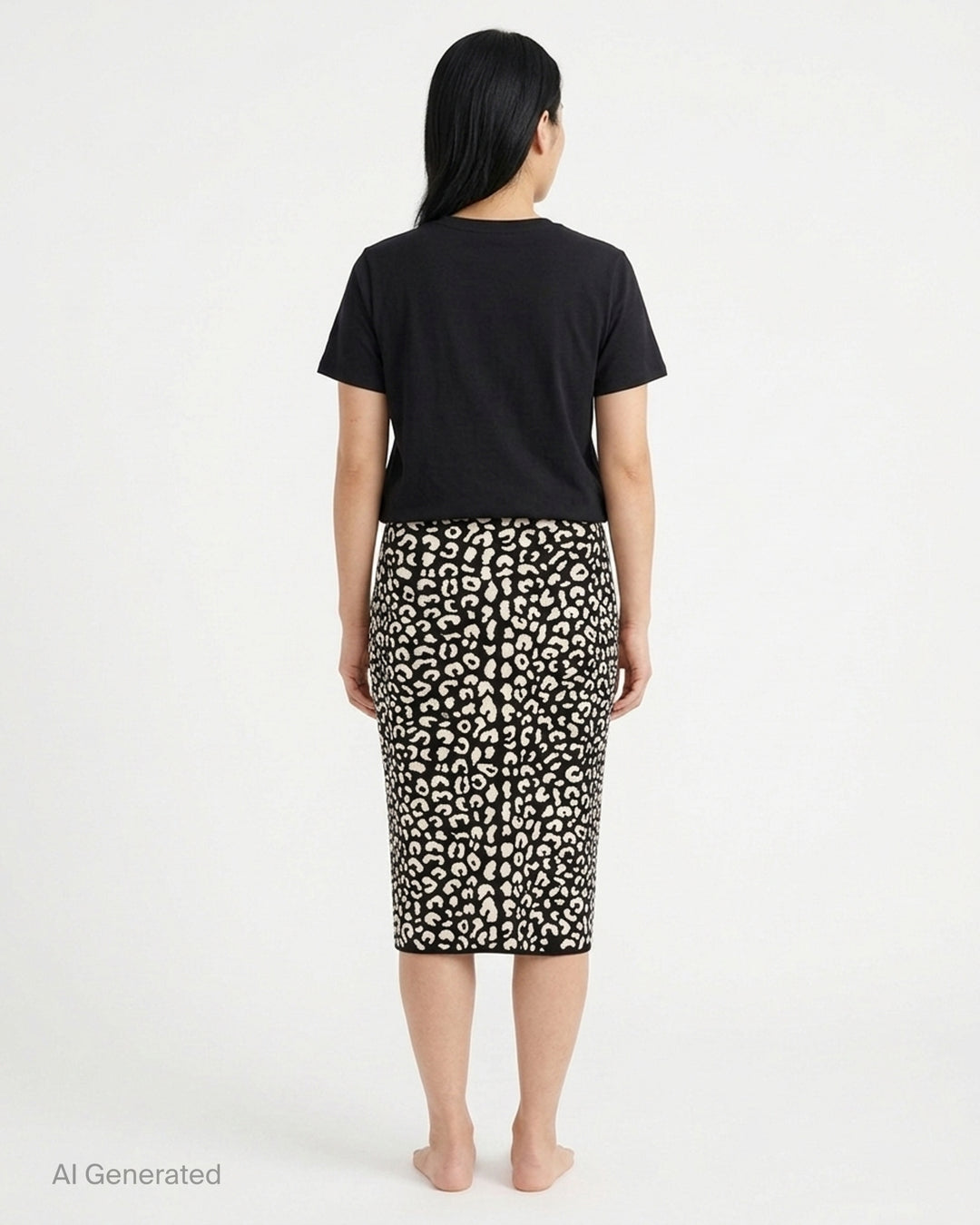 Carolina Herrera knee-length pencil skirt in black and cream leopard jacquard knit, shown from the front - back
