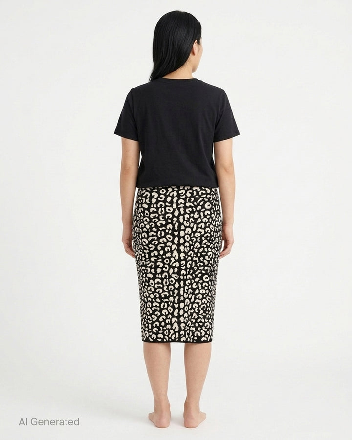 Carolina Herrera knee-length pencil skirt in black and cream leopard jacquard knit, shown from the front - back