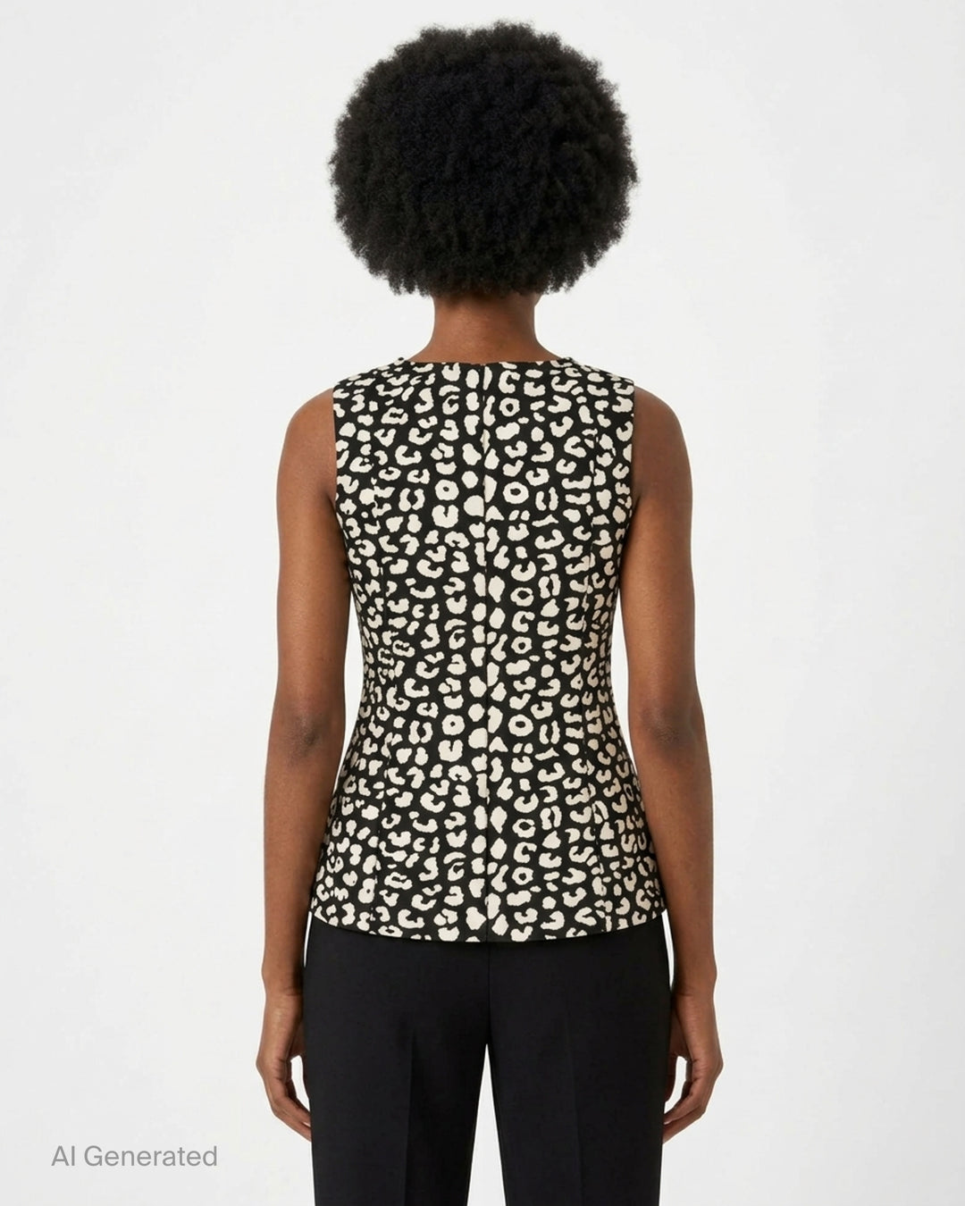 Carolina Herrera sleeveless boatneck top in black-and-ivory leopard jacquard, featuring a centre-front covered button placket, fitted waist, and flared peplum hem with box pleats - back