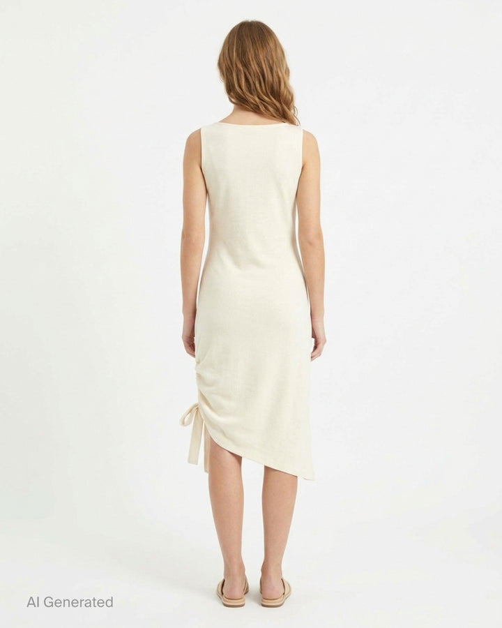 Carolina Herrera ivory sleeveless boatneck midi dress with ruched asymmetrical hem and self-tie bow detail, displayed flat on white background - back