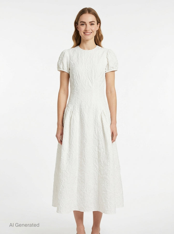 Cecilie Bahnsen Cleopatra Floratini midi dress in white textured jacquard with short puff sleeves, sculpted bodice, and full flared skirt, shown on a plain white background - front