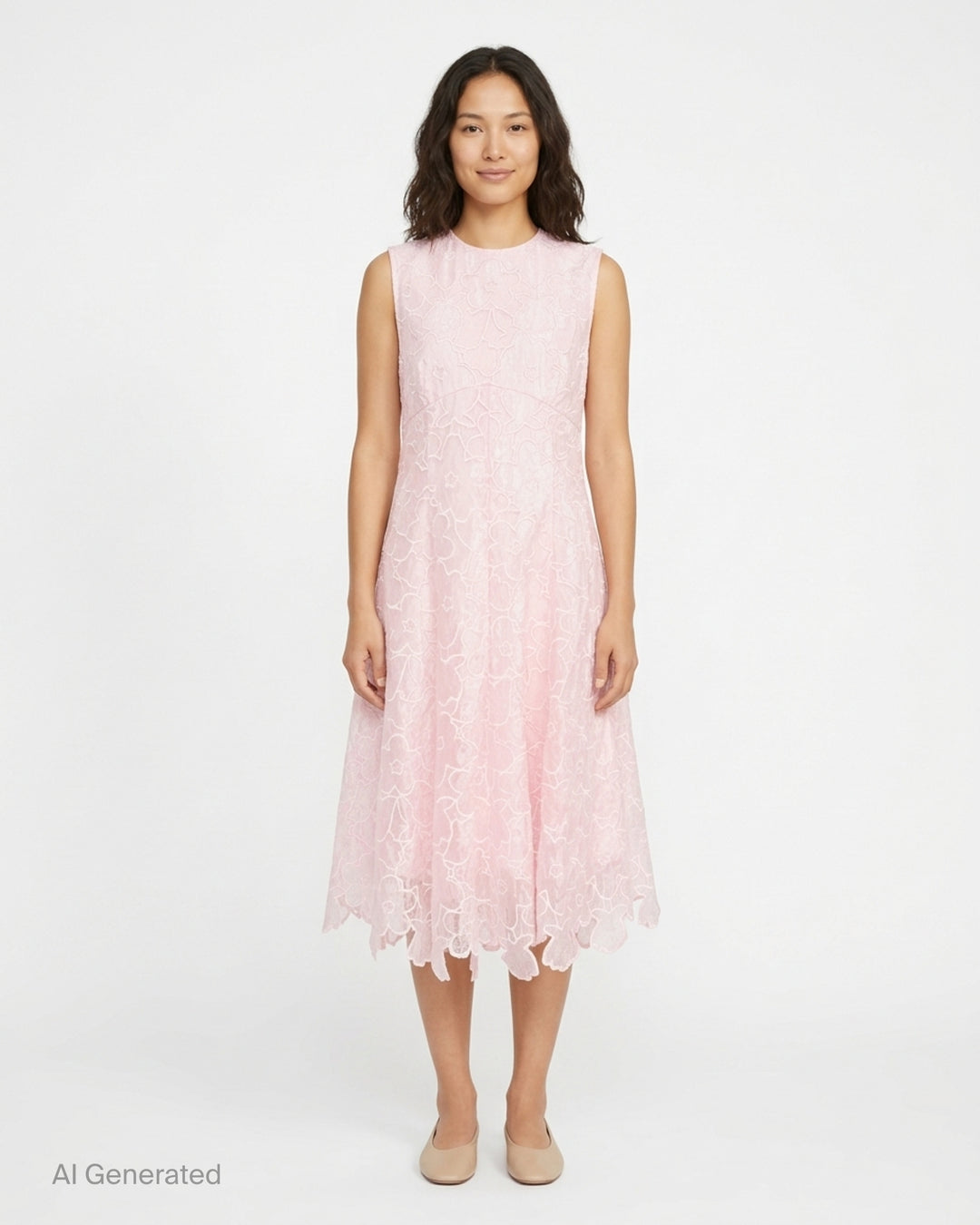 Cecilie Bahnsen Coranita sleeveless midi dress in blush pink floral-embroidered lace with an A-line silhouette and scalloped handkerchief hem - front