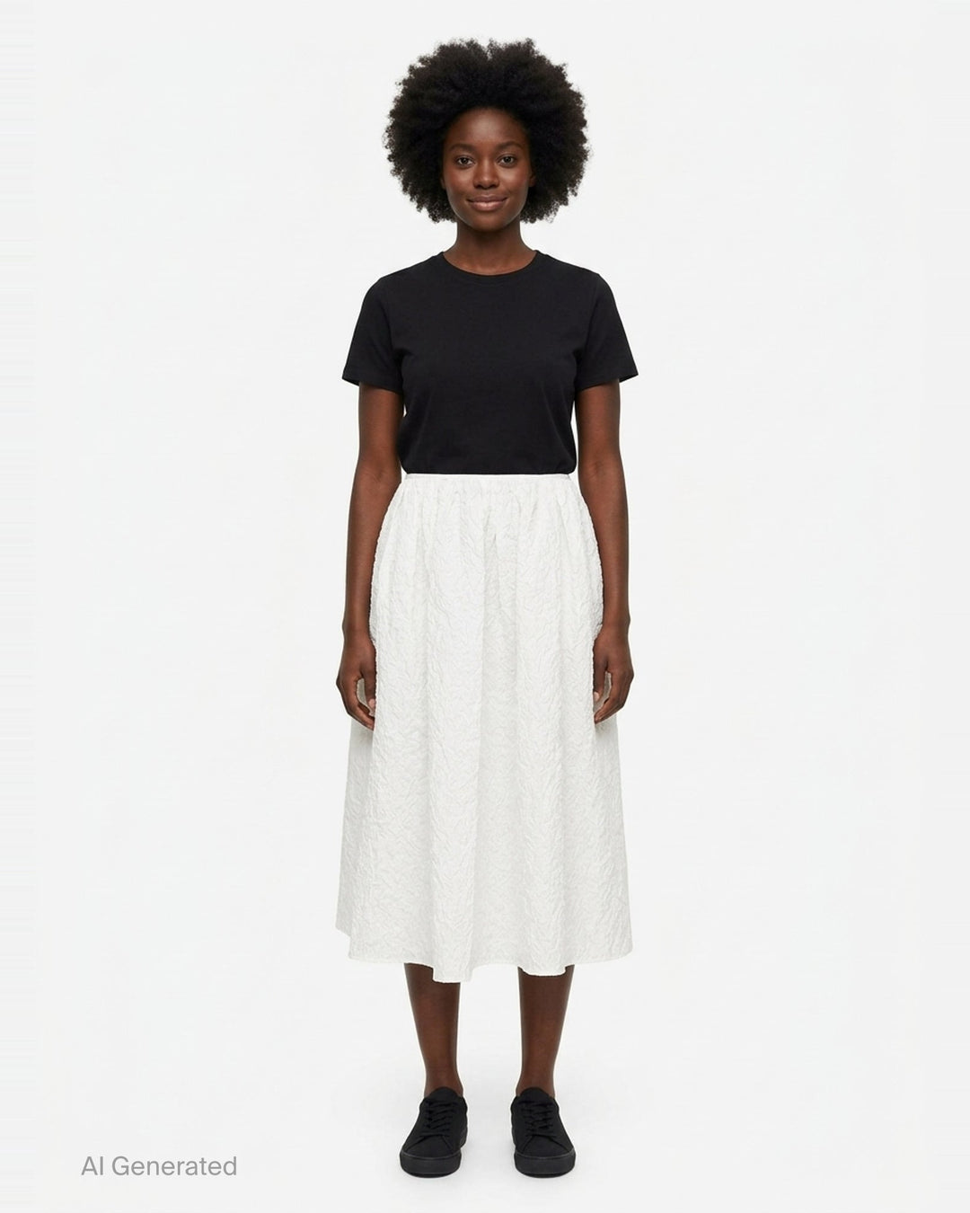 Cecilie Bahnsen Floratini Matelassé Midi Skirt in white, displayed flat, showing a voluminous A-line silhouette with an all-over raised jacquard texture and elasticated waistband - front
