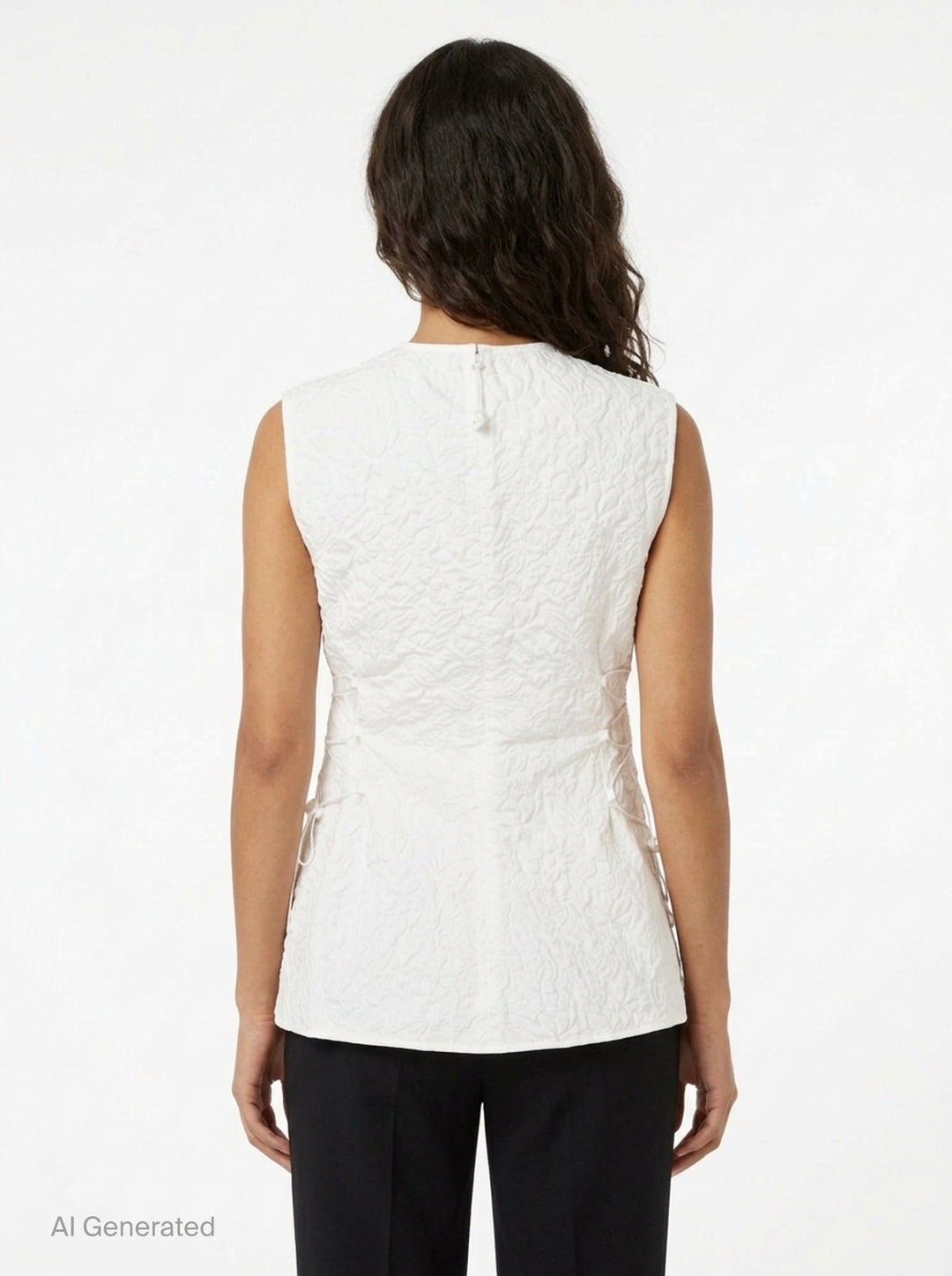 Cecilie Bahnsen Floratini Matelassé sleeveless top in white, shown from the back, featuring an all-over raised floral quilted pattern, gathered bow details along both side seams, and a concealed back zip closure - back