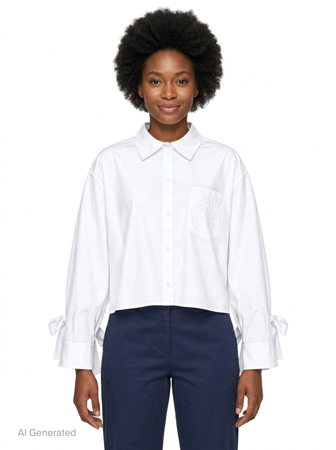 Cecilie Bahnsen Frina cropped white cotton shirt with bow-tied flared cuffs, tonal floral embroidered chest pocket, and button-through front placket, displayed flat on a white background - front