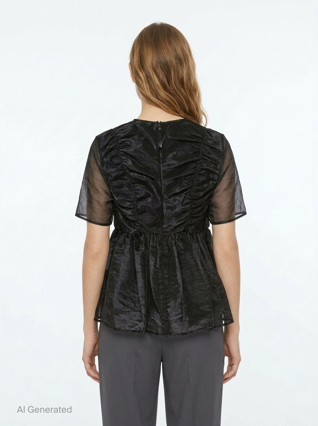 Cecilie Bahnsen Liquid Myrtia short-sleeve peplum top in black crinkled organza with sheer sleeves and gathered ruffle hem, photographed flat on a white background - back