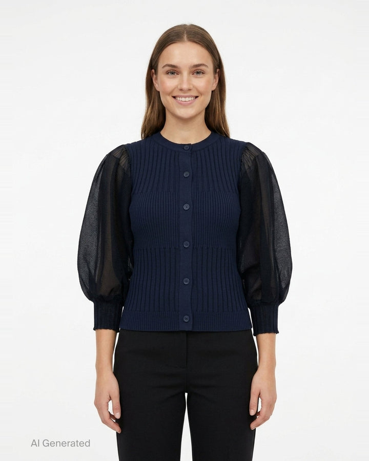 Fluted Lucent Puff Sleeve Cardigan | CFCL | Club21 - front