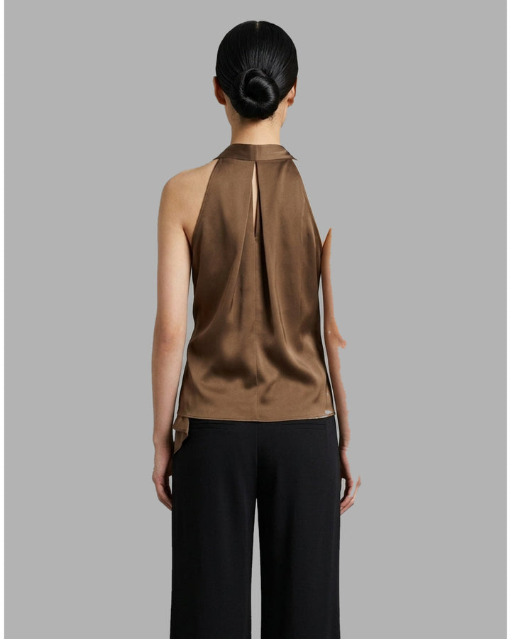 Black sleeveless satin wrap top with a V-neckline, tie waist and asymmetric draped hem from Club21 Collection - back