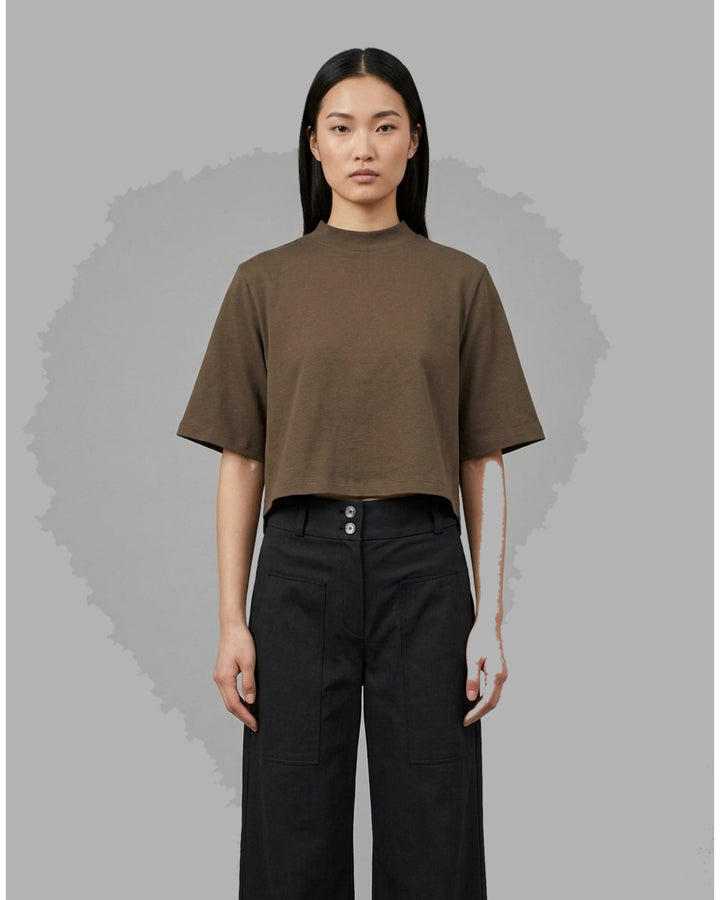Red cropped cotton spandex jersey tee with mock neckline and elbow-length sleeves, shown front view - front