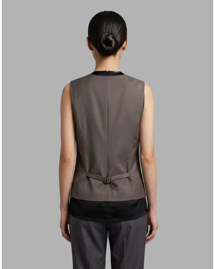 Cream tailored wool-blend vest with V-neckline, five tortoiseshell-effect buttons and two flap pockets - back
