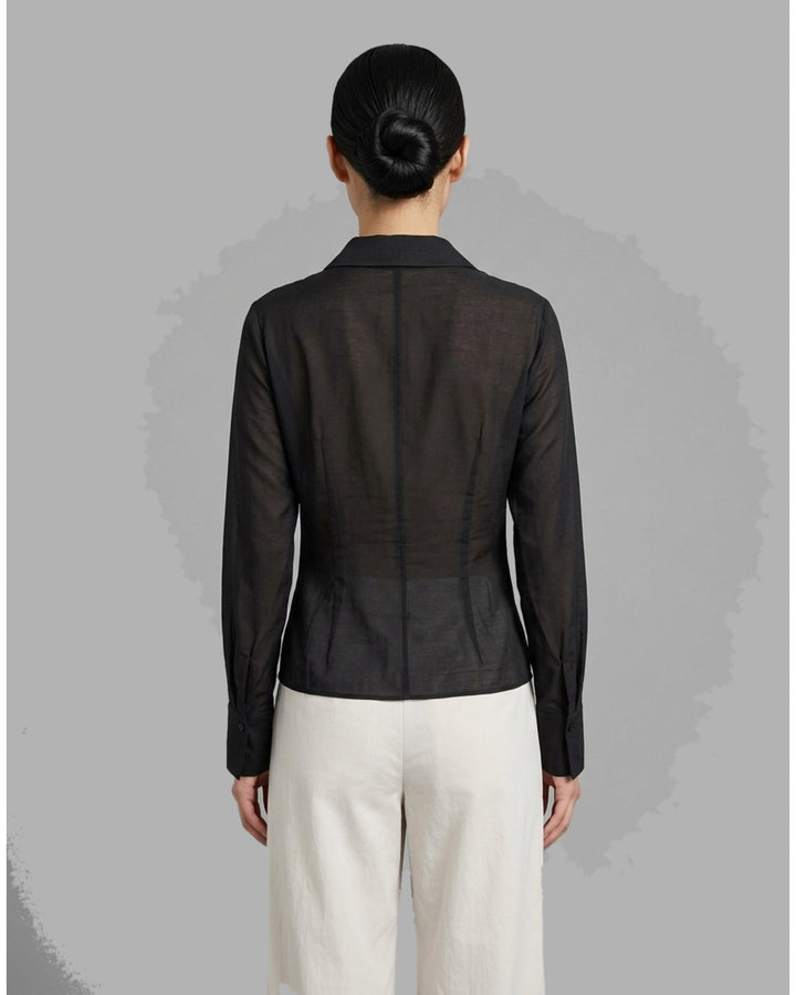 Club21 Collection Juliette black semi-sheer silk cotton blouse with draped cowl neckline, open collar and long sleeves with wide cuffs - front