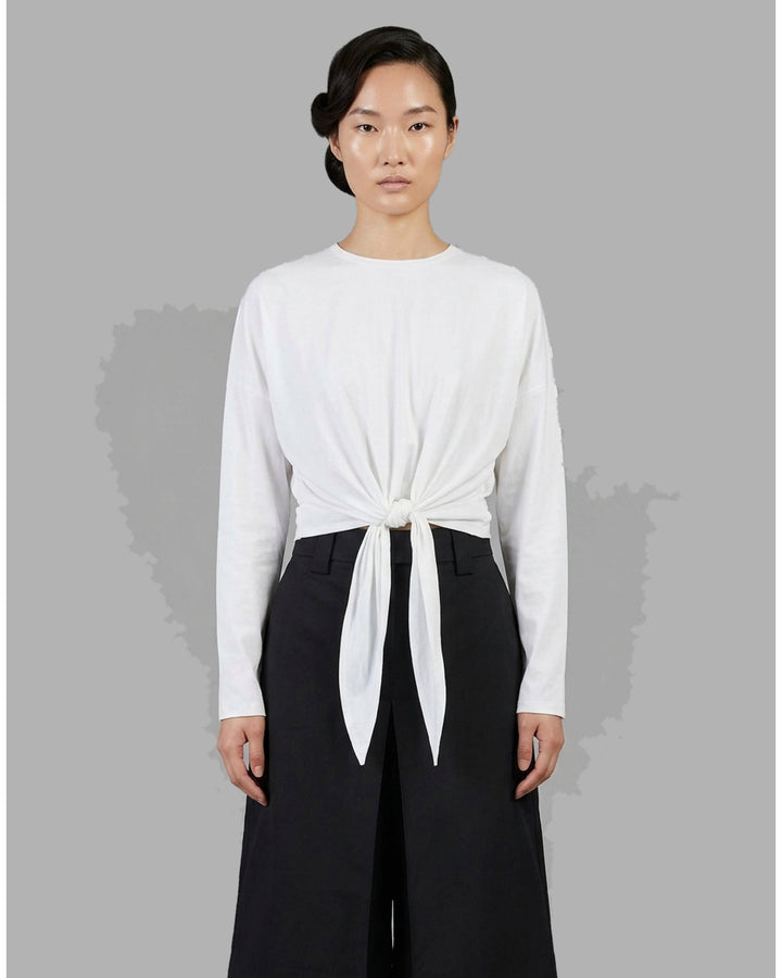 Club21 Collection Leni white long-sleeve cotton jersey top with drop shoulders and a knotted tie at the front hem - front
