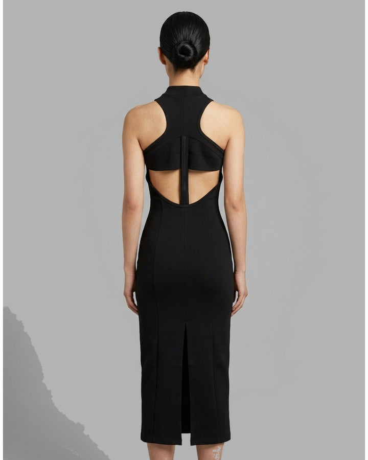 Back view of the Luna sleeveless high-neck midi dress in black stretch modal jersey with a concealed centre back zip - back