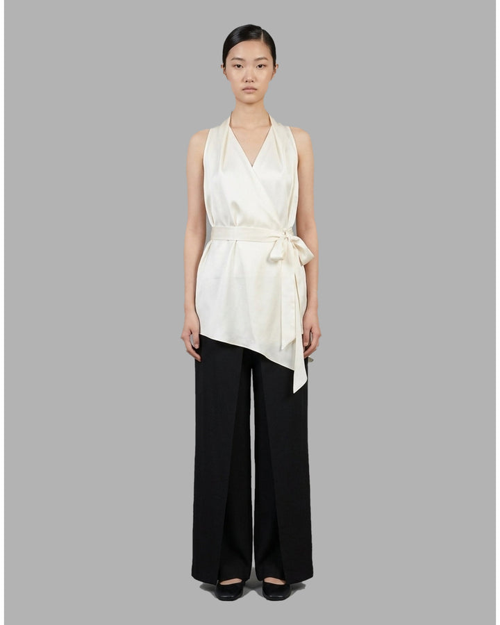 Black wide-leg crepe acetate trousers with a front pleat and single-button waist, shown from the front - front