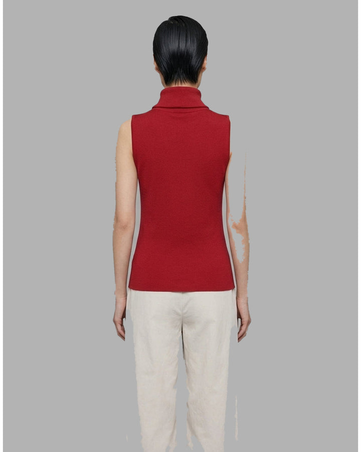 Black sleeveless roll neck knit top in fine ribbed silk cotton yarn, shown flat from the front - back